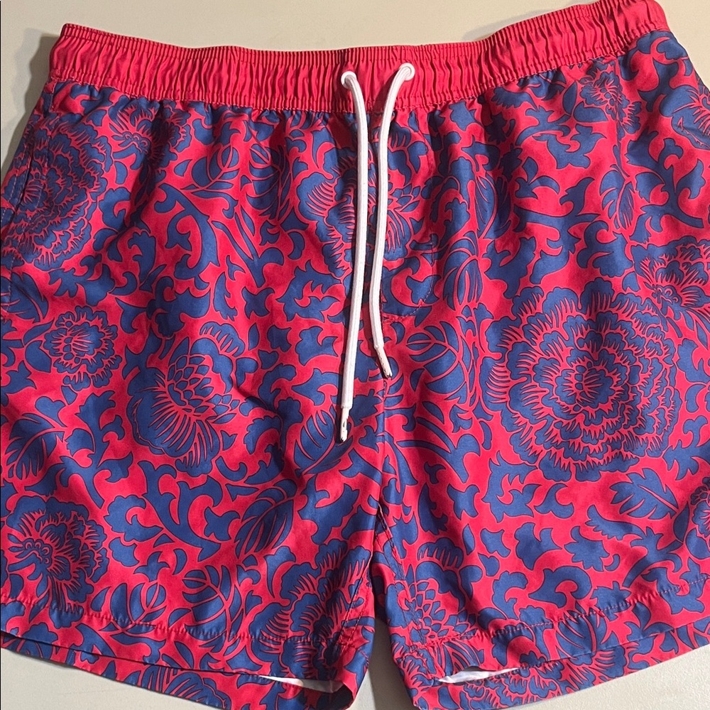 Amazon Essentials Red and Blue Floral Swim Trunks